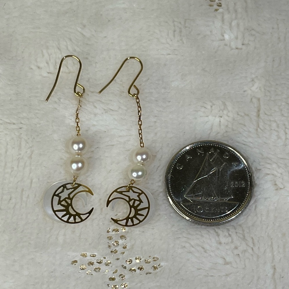 14k japan yellow gold dangling earrings with fresh water pearl - Picture 9 of 11